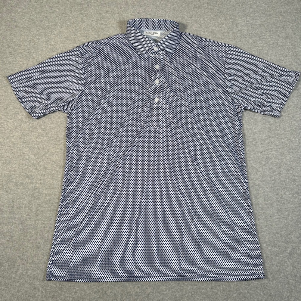 Collars & Co Polo Shirt Men M Blue‎ White Geometric Print Dress Collar NEW NWOT - Picture 2 of 7